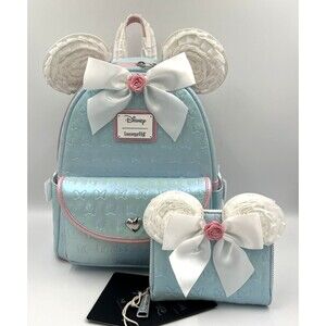 Loungefly Disney Minnie Mouse Debossed Bows w/Ruffles Backpack & Wallet NWT